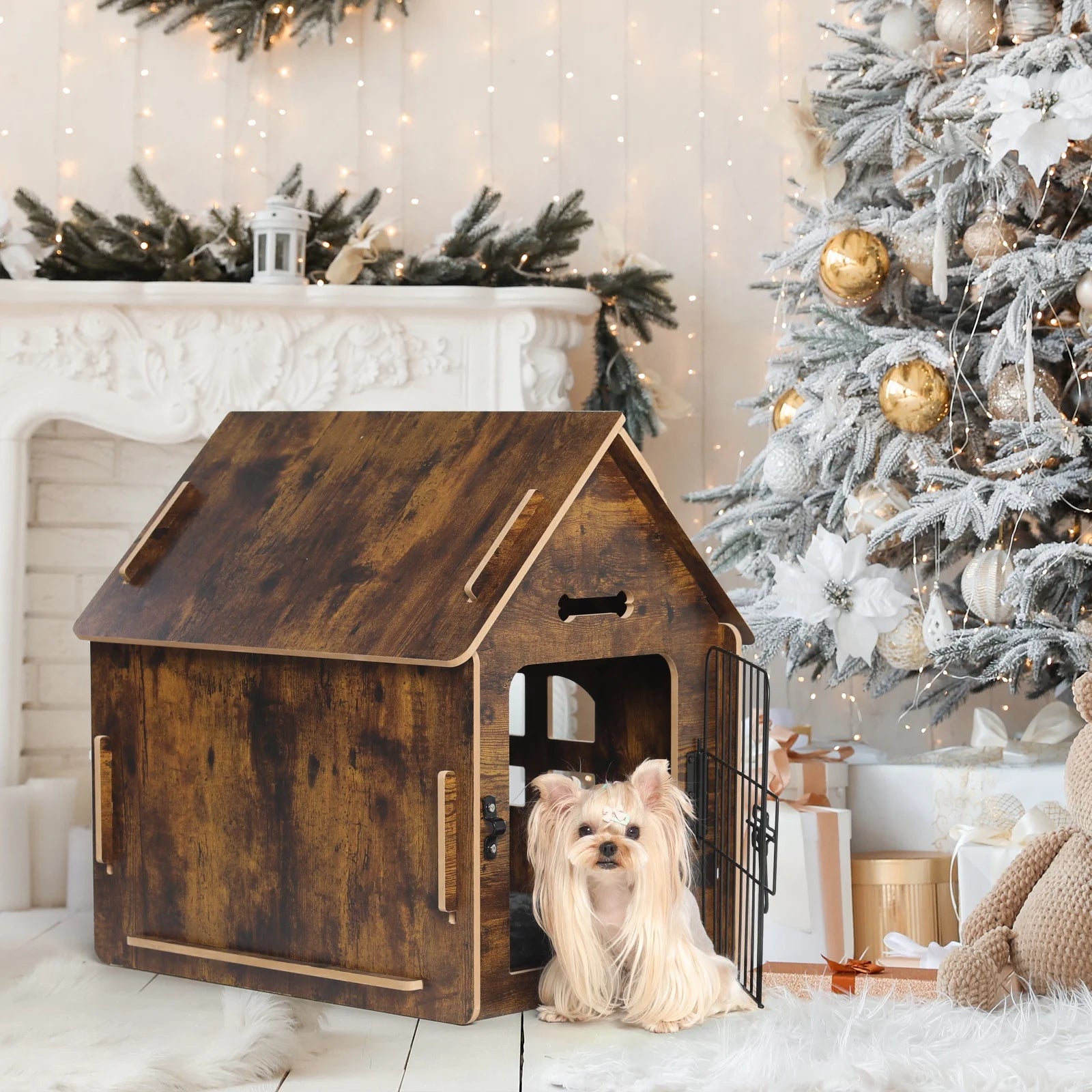 Brown Wooden Dog House with Door and Roof I89093