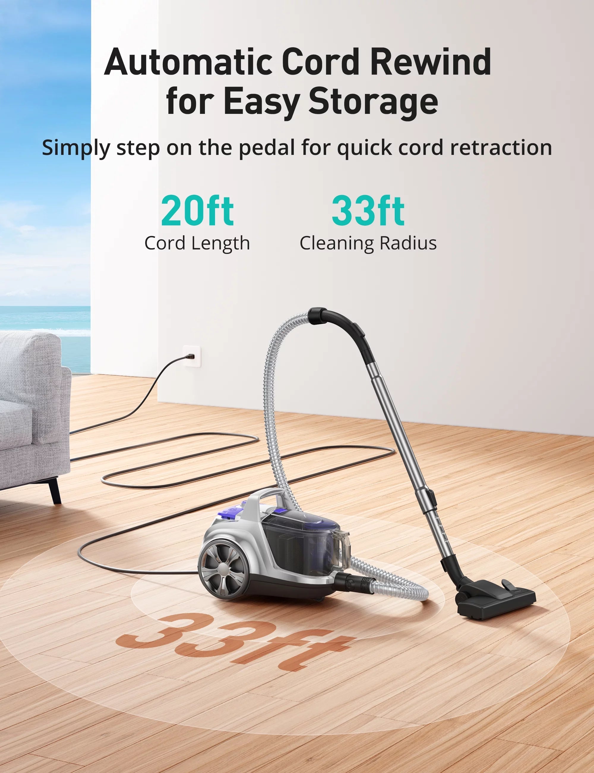 Bagless Canister Vacuum Cleaner with Double HEPA Filter, 1200W, 3.6QT K2932