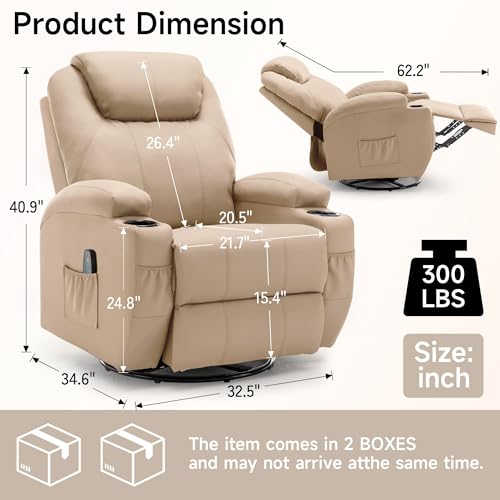 Recliner Chair with Massage and Heat, 360° Swivel, Remote Control and Cup Holder O122458