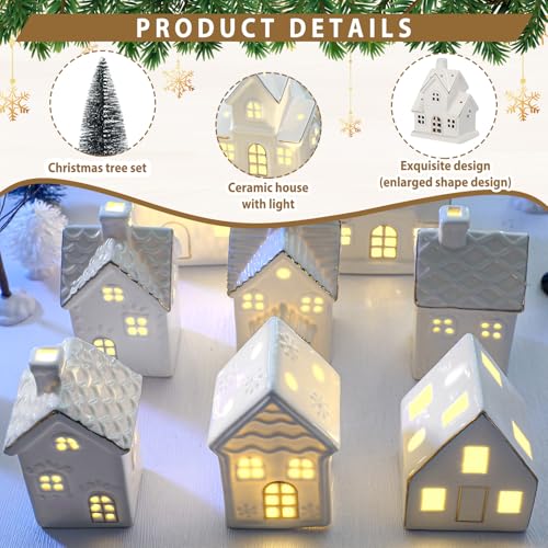 28 Pcs Ceramic LED White Christmas Village Set with Houses, Trees, Lamp Post Z32937