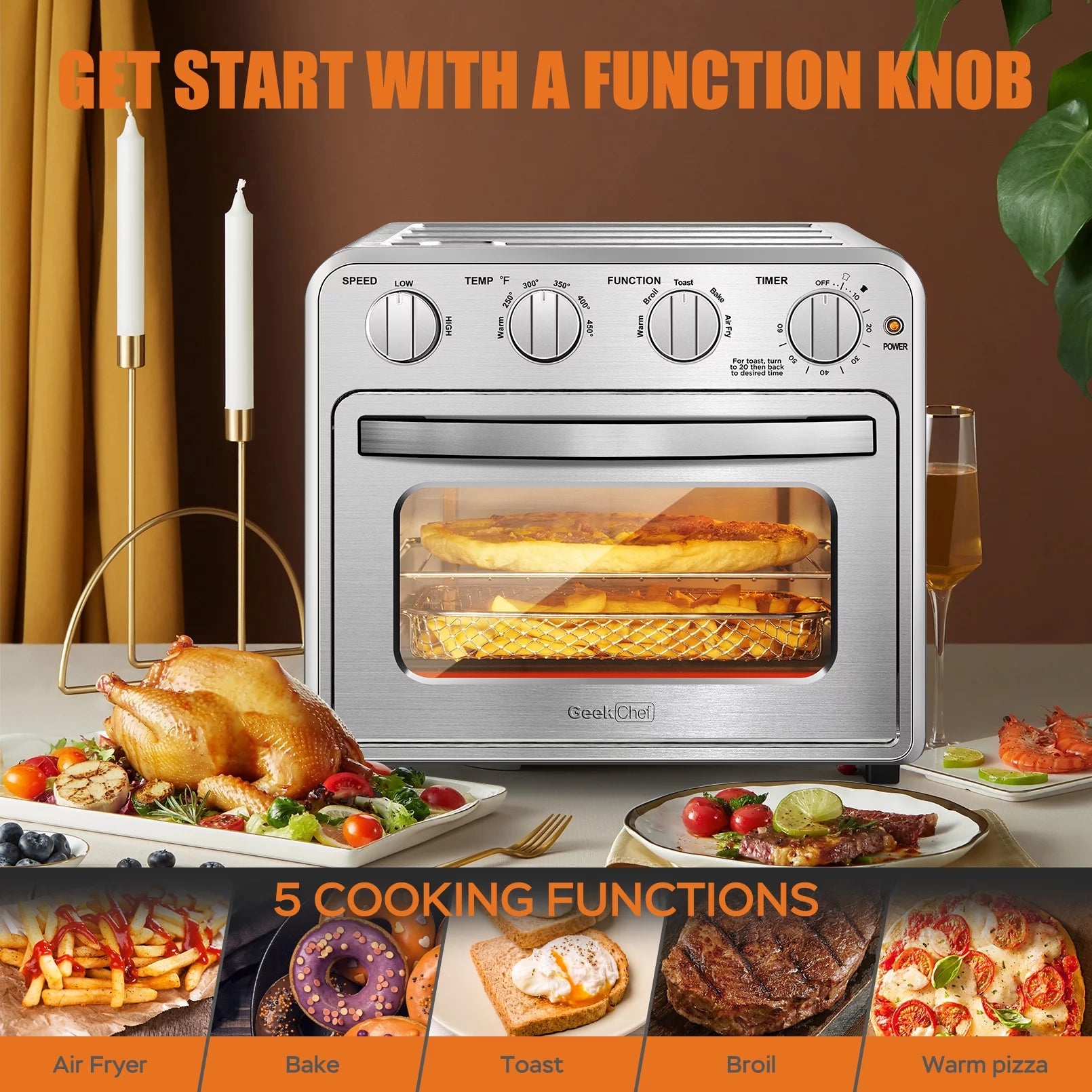 16QT Air Fryer Oven, 4 Slice Toaster Convection Air Fryer, Silver X119