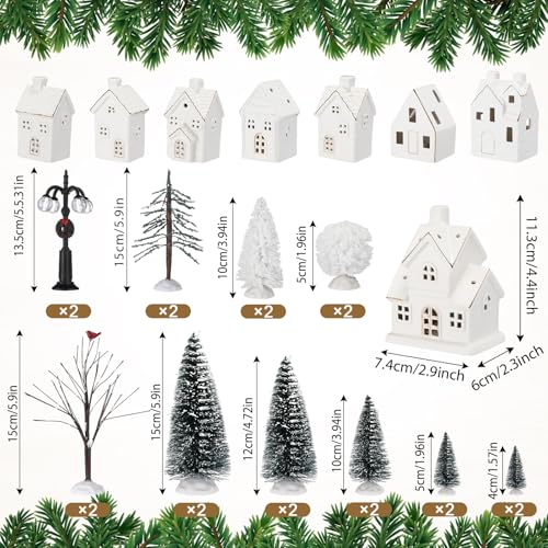 28 Pcs Ceramic LED White Christmas Village Set with Houses, Trees, Lamp Post Z32937