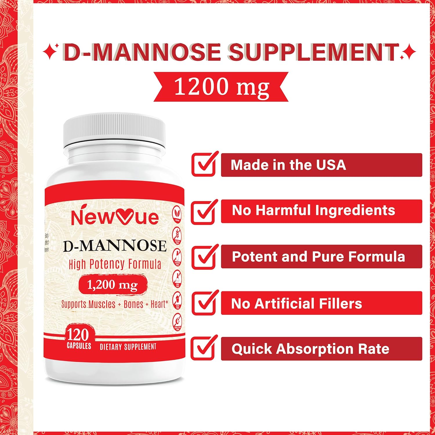 120 Veggie Capsules D-Mannose 1,200 mg I482