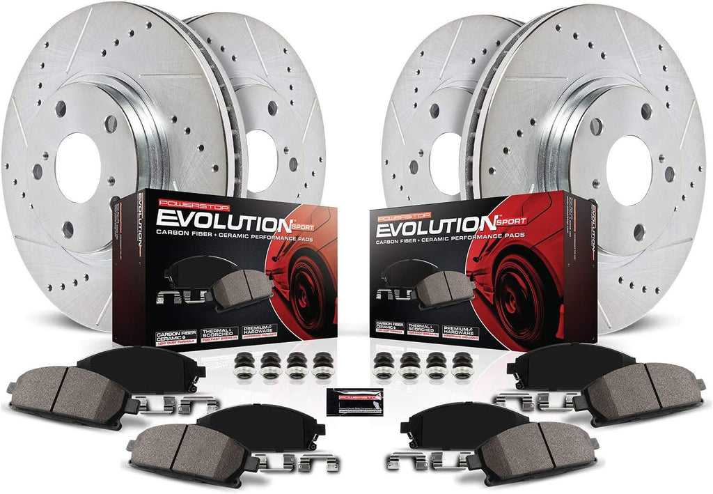 Front and Rear Carbon Fiber Brake Pads with Drilled & Slotted Brake Rotors Kit F385067