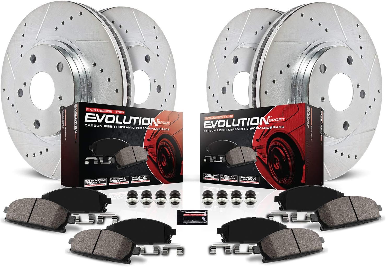 Front and Rear Carbon Fiber Brake Pads with Drilled & Slotted Brake Rotors Kit F385067