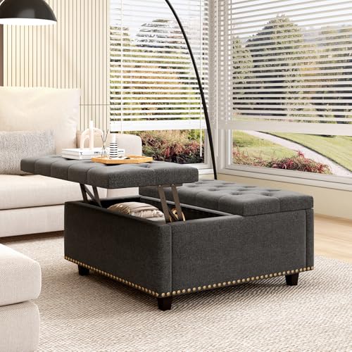 Large Square Storage Ottoman Coffee Table, Light Grey Linen Upholstered with Lift Top C91892