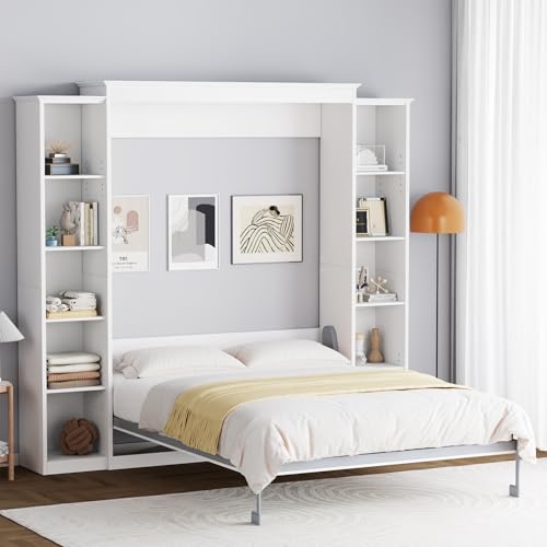 Queen Murphy Bed Cabinet with 5-Tier Adjustable Storage Shelves, Grey Wood Foldable Platform Bed E6897