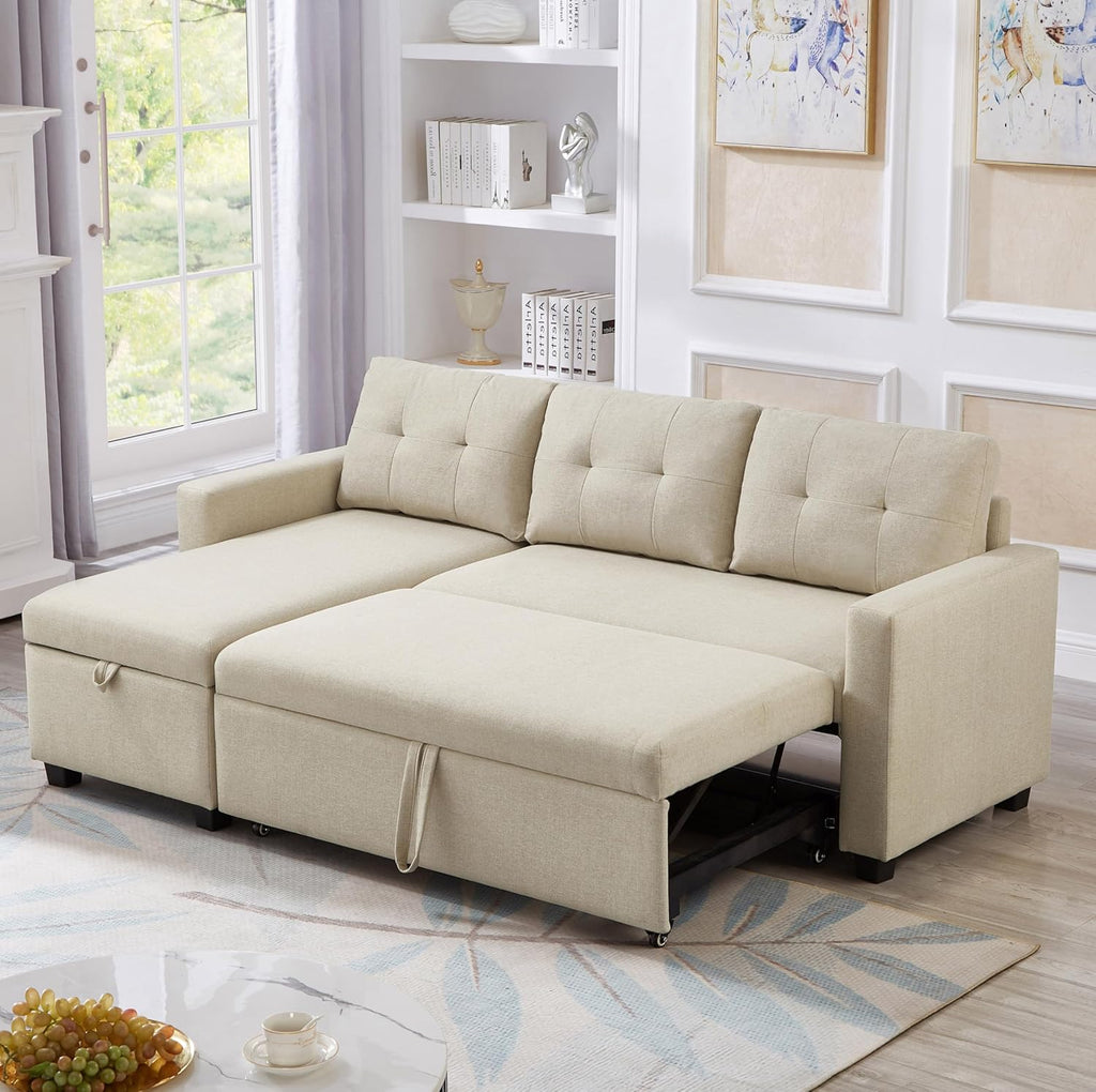 Beige L-Shape Convertible Sofa Sleeper with Pull-Out Bed W5689