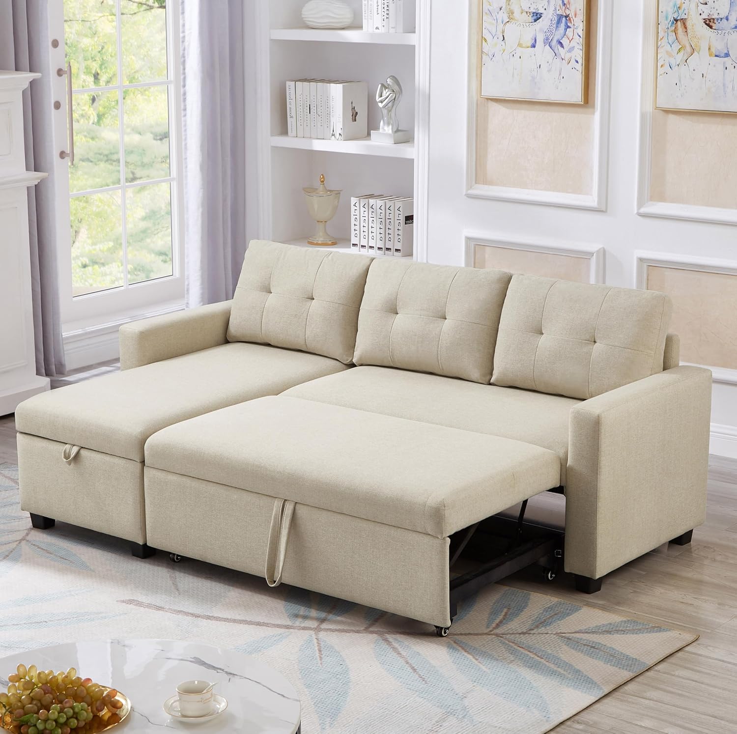 Beige L-Shape Convertible Sofa Sleeper with Pull-Out Bed W5689