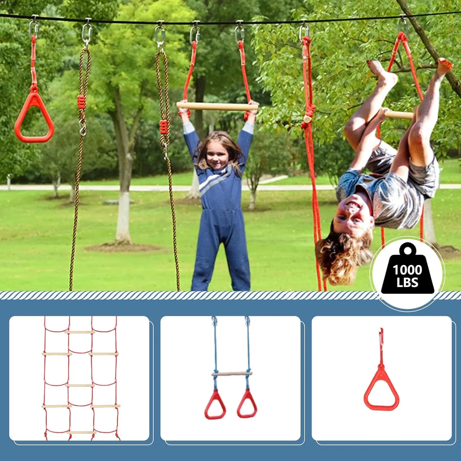 60FT Durable Ninja Slackline Kit with 10 Obstacles & Bag D4632