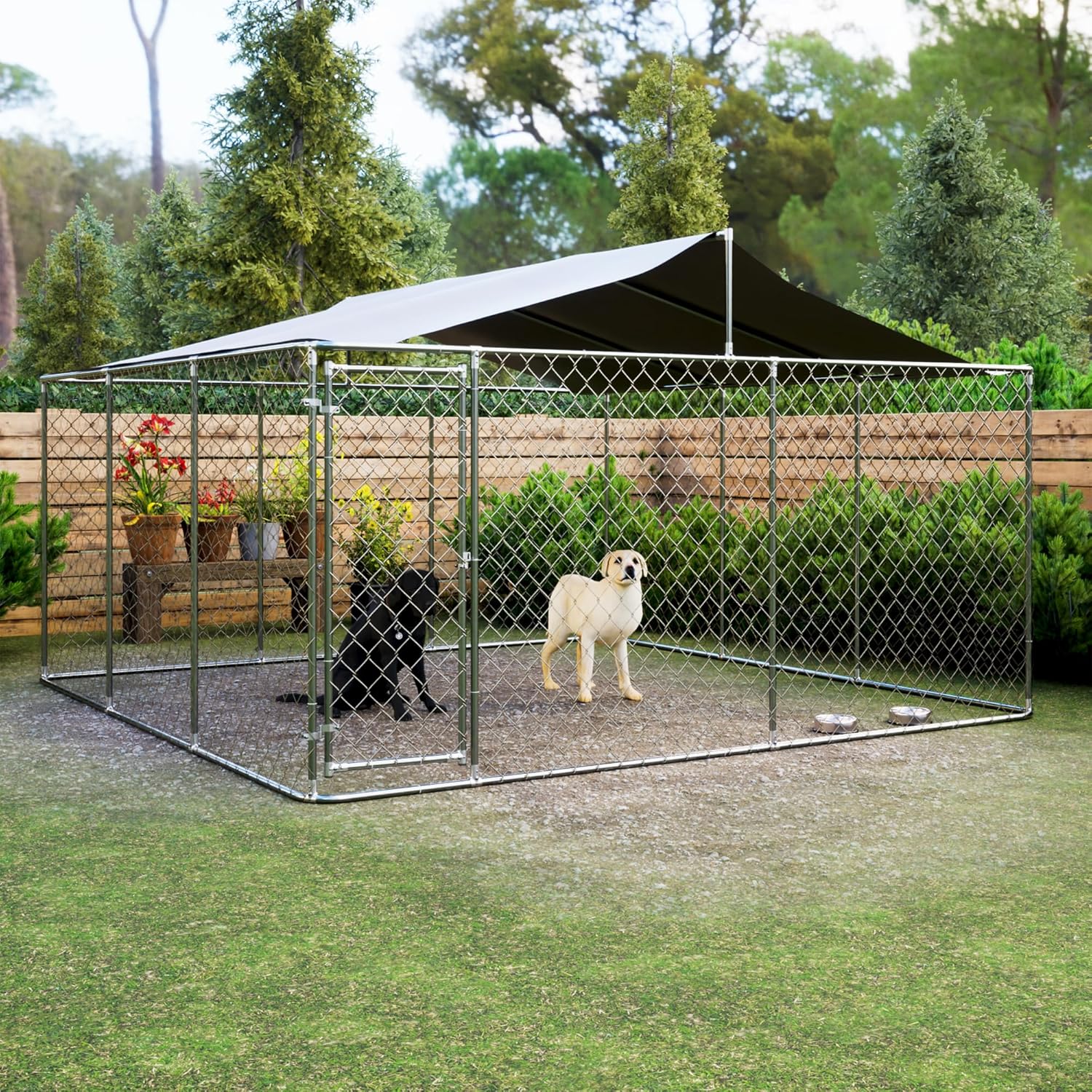 Large Outdoor Dog Kennel with Roof, Chain Link Enclosure, Galvanized Steel, 177.6 x 177.6 x 91.2 Inch I4390