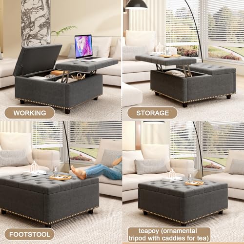 Large Square Storage Ottoman Coffee Table, Light Grey Linen Upholstered with Lift Top C91892