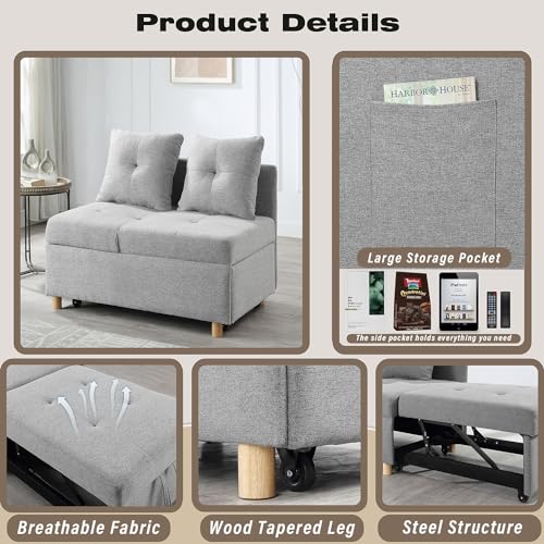 Light Gray Linen Convertible Sleeper Sofa Chair with 2 Throw Pillow A6467