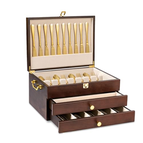 Walnut Wooden 2-Layer Silverware Storage Box Q79377