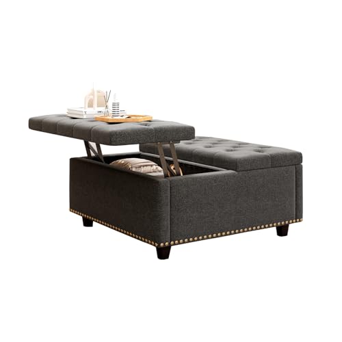 Large Square Storage Ottoman Coffee Table, Light Grey Linen Upholstered with Lift Top C91892
