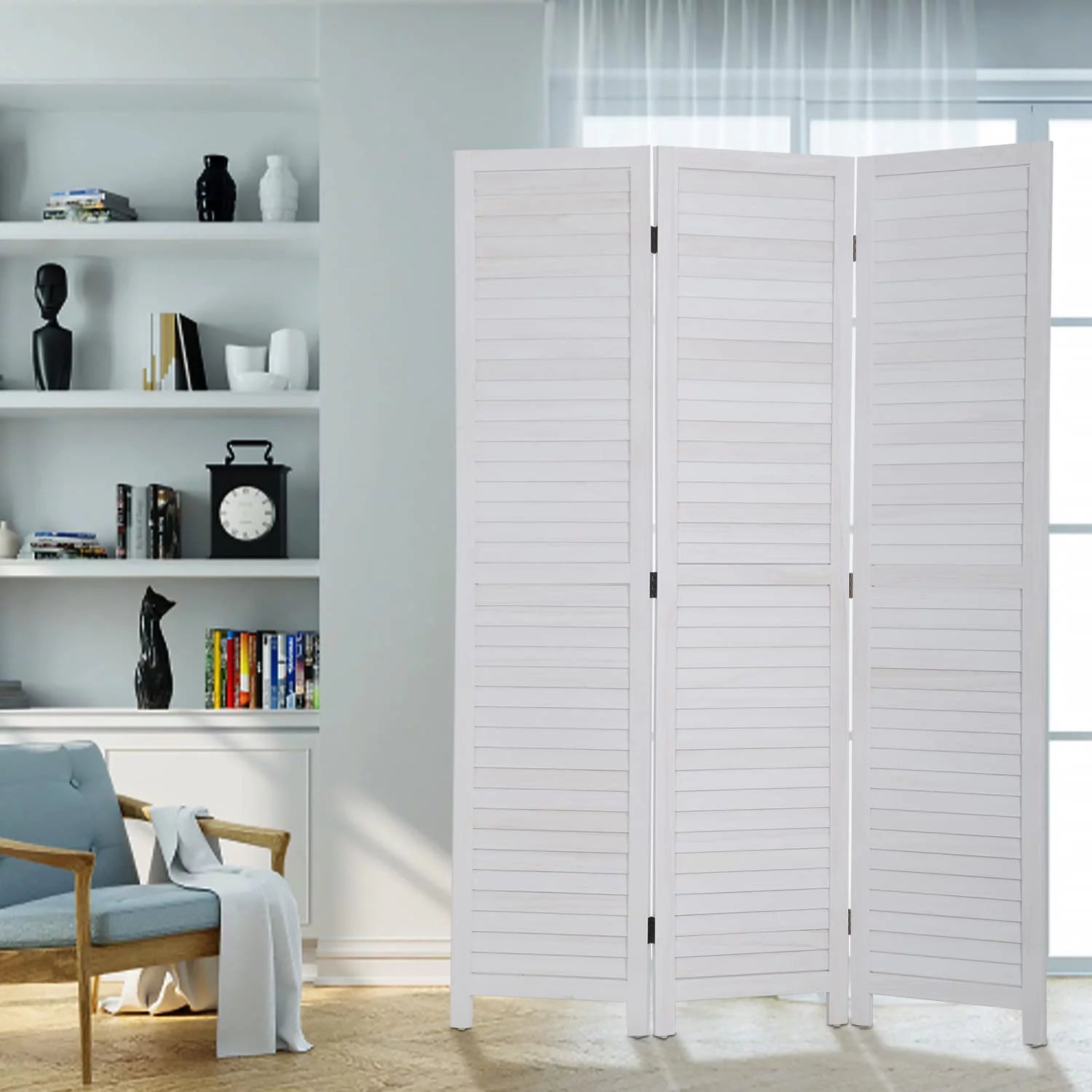 White 3 Panel Wood Room Divider D417