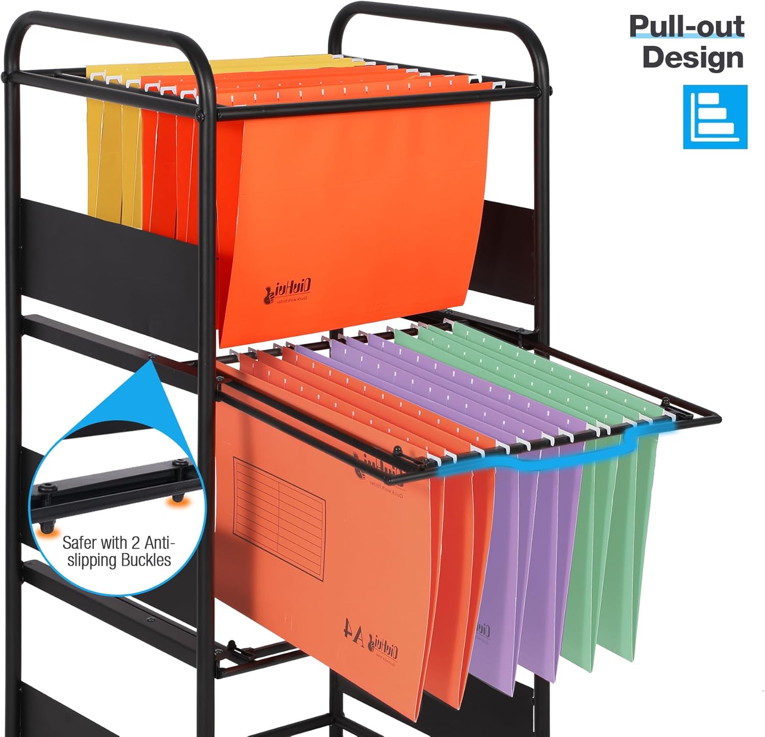 3-Tier Metal Rolling File Cart with Wheels, Black C3320