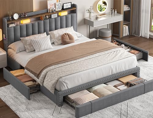 Grey Queen Size Upholstered Platform Bed Frame with 3 Drawers Q826277