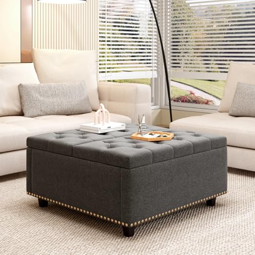 Large Square Storage Ottoman Coffee Table, Light Grey Linen Upholstered with Lift Top C91892