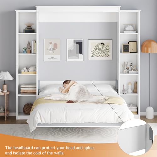 Queen Murphy Bed Cabinet with 5-Tier Adjustable Storage Shelves, Grey Wood Foldable Platform Bed E6897