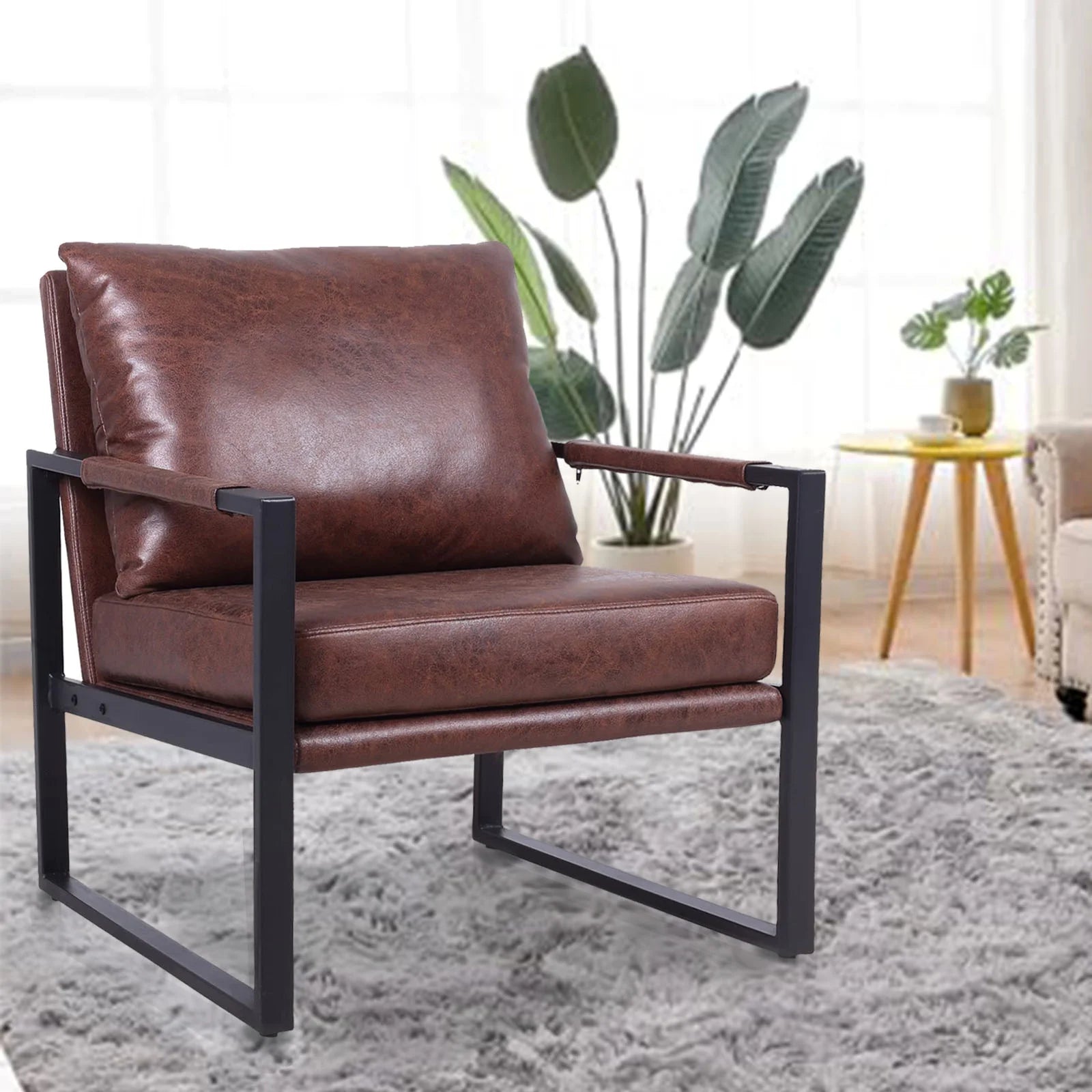 Brown Faux Leather Armchair with Metal Frame Z8621