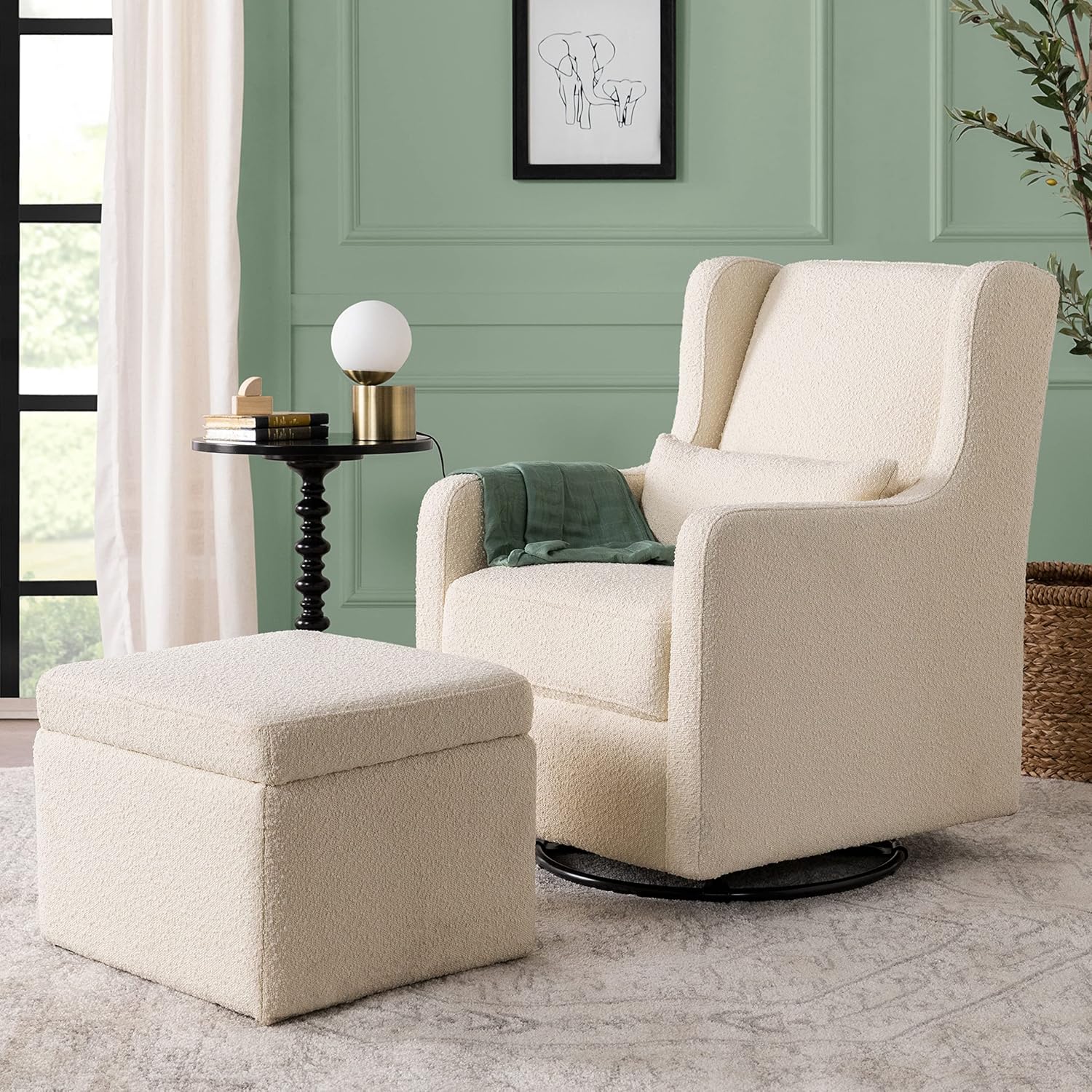 Ivory Boucle Swivel Glider with Storage Ottoman L299064