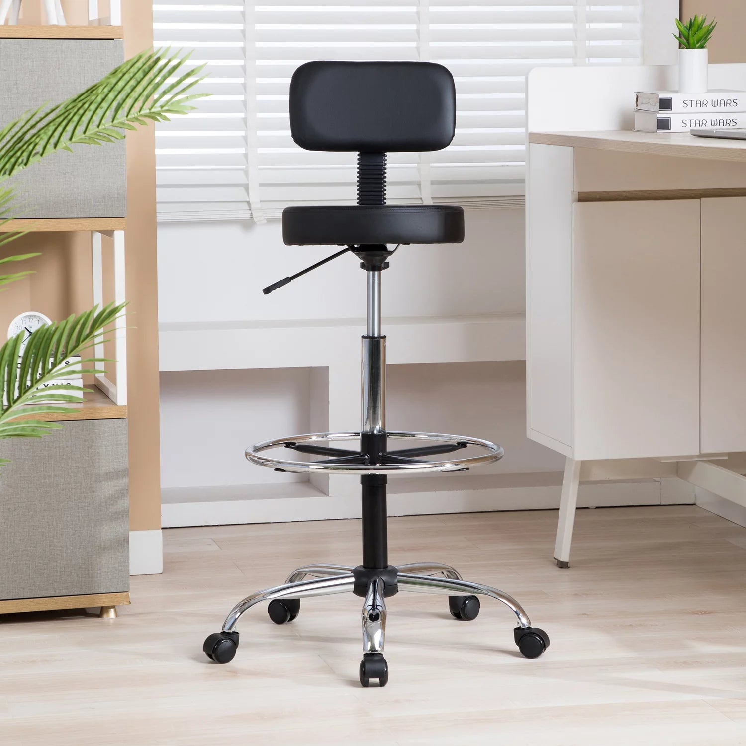 Black Faux Leather Drafting Stool with Backrest and Rolling Wheels E6268
