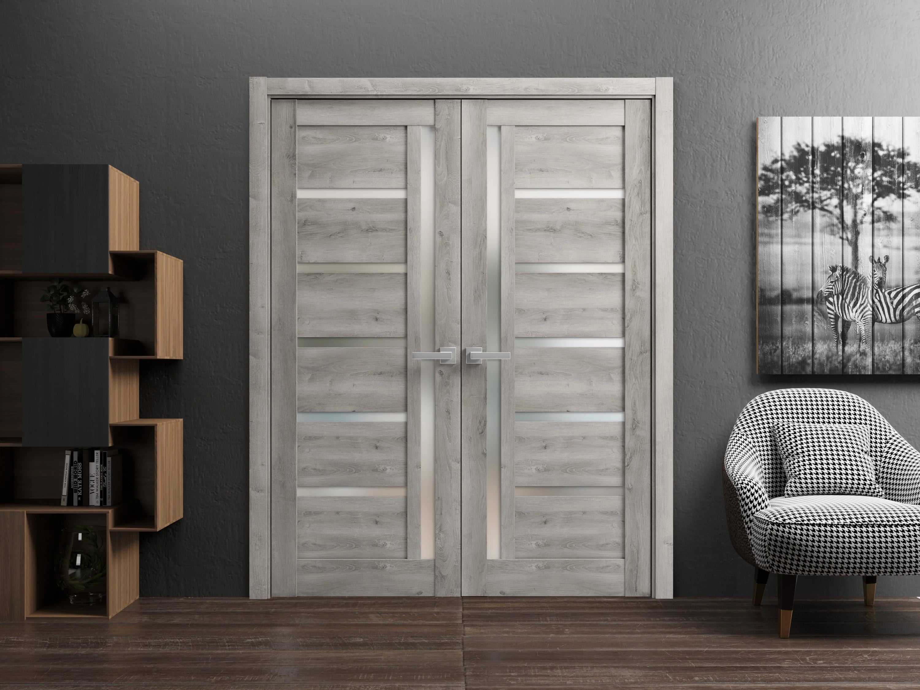 Solid French Double Doors 56 x 84 inches with Frosted Glass Wood Frame H67045