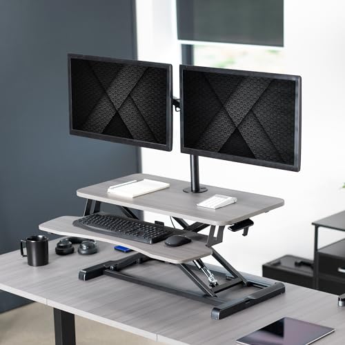 White 32 inch Height Adjustable Standing Desk Converter with Dual Monitor Stand Q9959