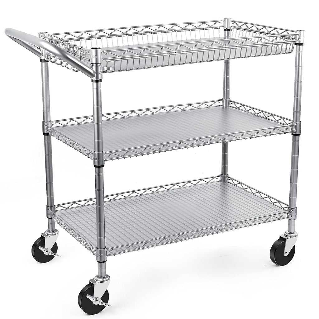 3 Tier Metal Rolling Utility Cart with Wire Shelving P296