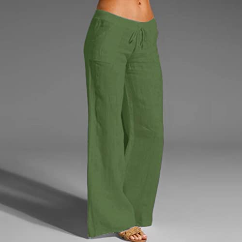 Women Linen Cotton Elastic Waist Drawstring Long Wide Leg Pants Z96895