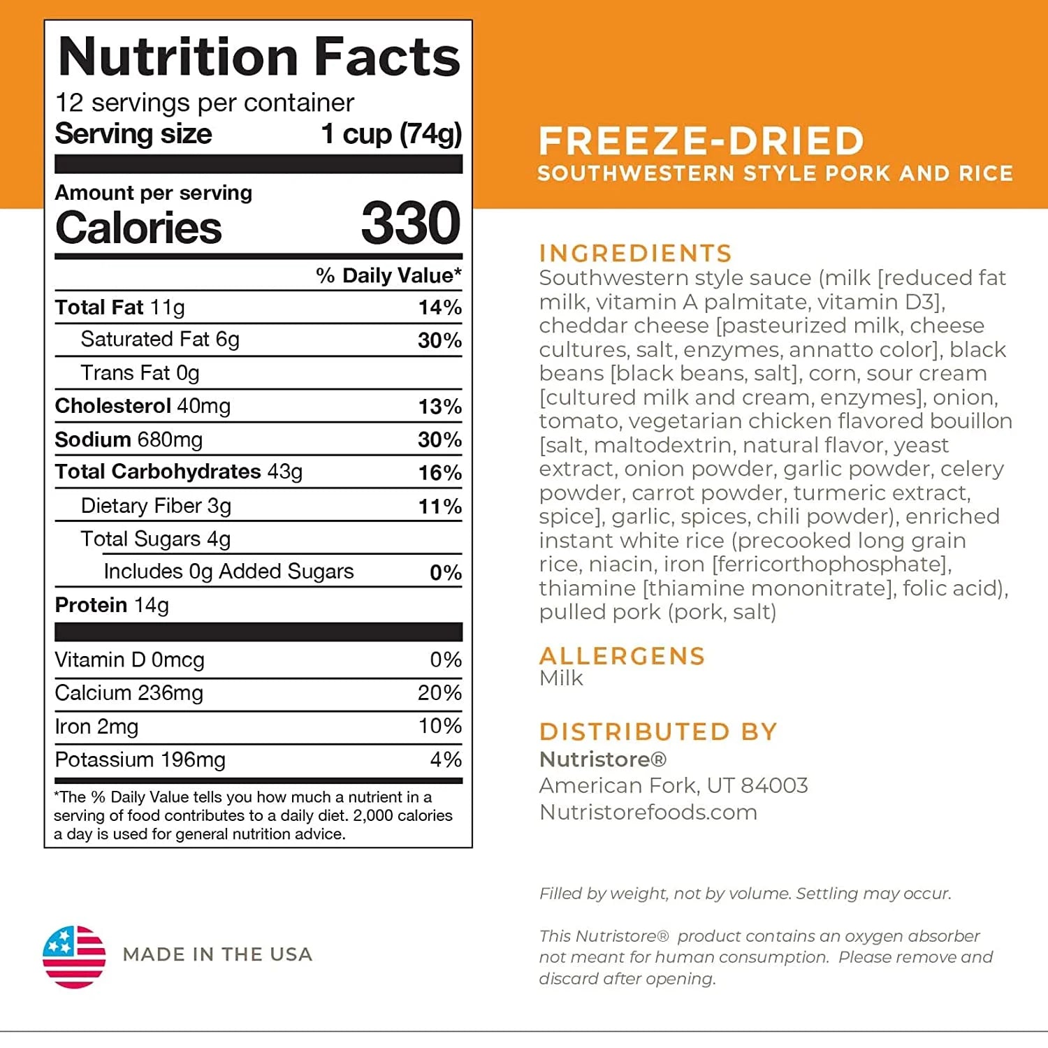 Freeze-Dried Southwestern Style Pork and Rice Emergency Survival Bulk Food Storage Meal 25 Year Shelf Life USDA Inspected 1-Pack C6895