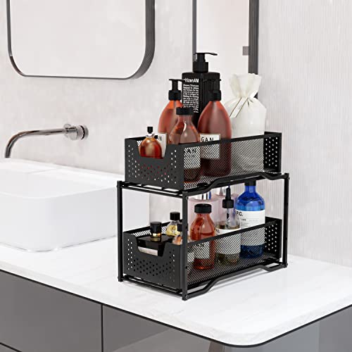Black 2 Pack Stackable 2 Tier Under Sink Cabinet Organizer with Sliding Storage Drawer T362