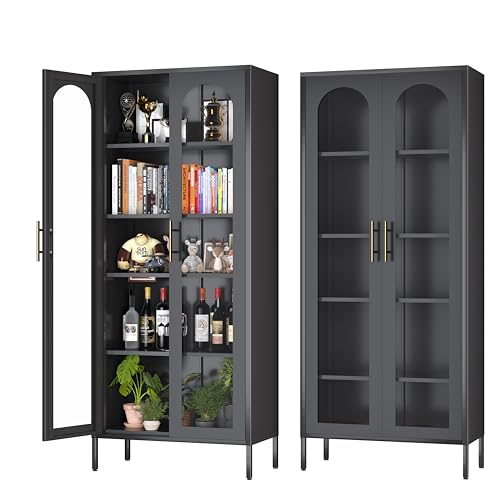 71" Tall Black Glass Display Cabinet with 4 Shelves F94395