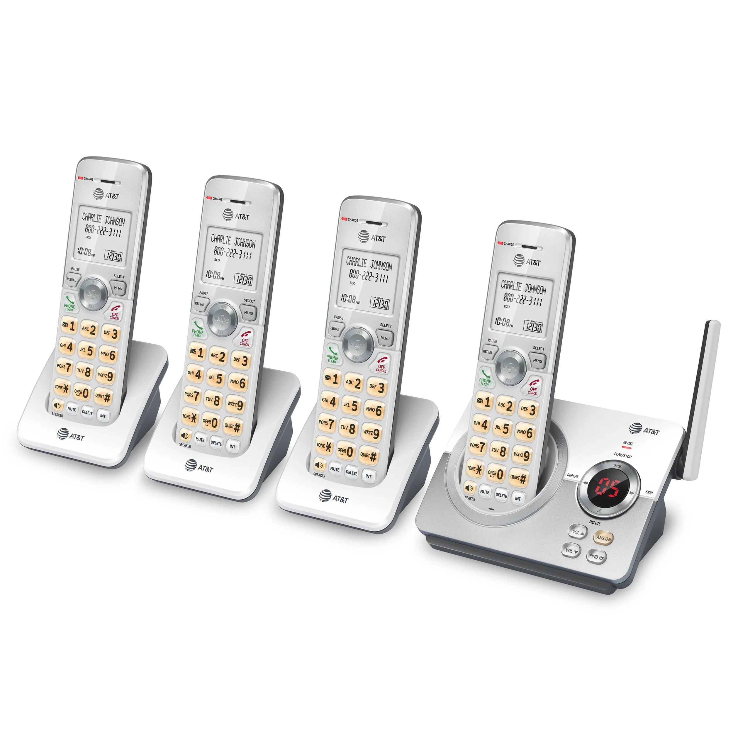 4-Handset Cordless Phone with Answering System and Call Block (White/Silver) T160421