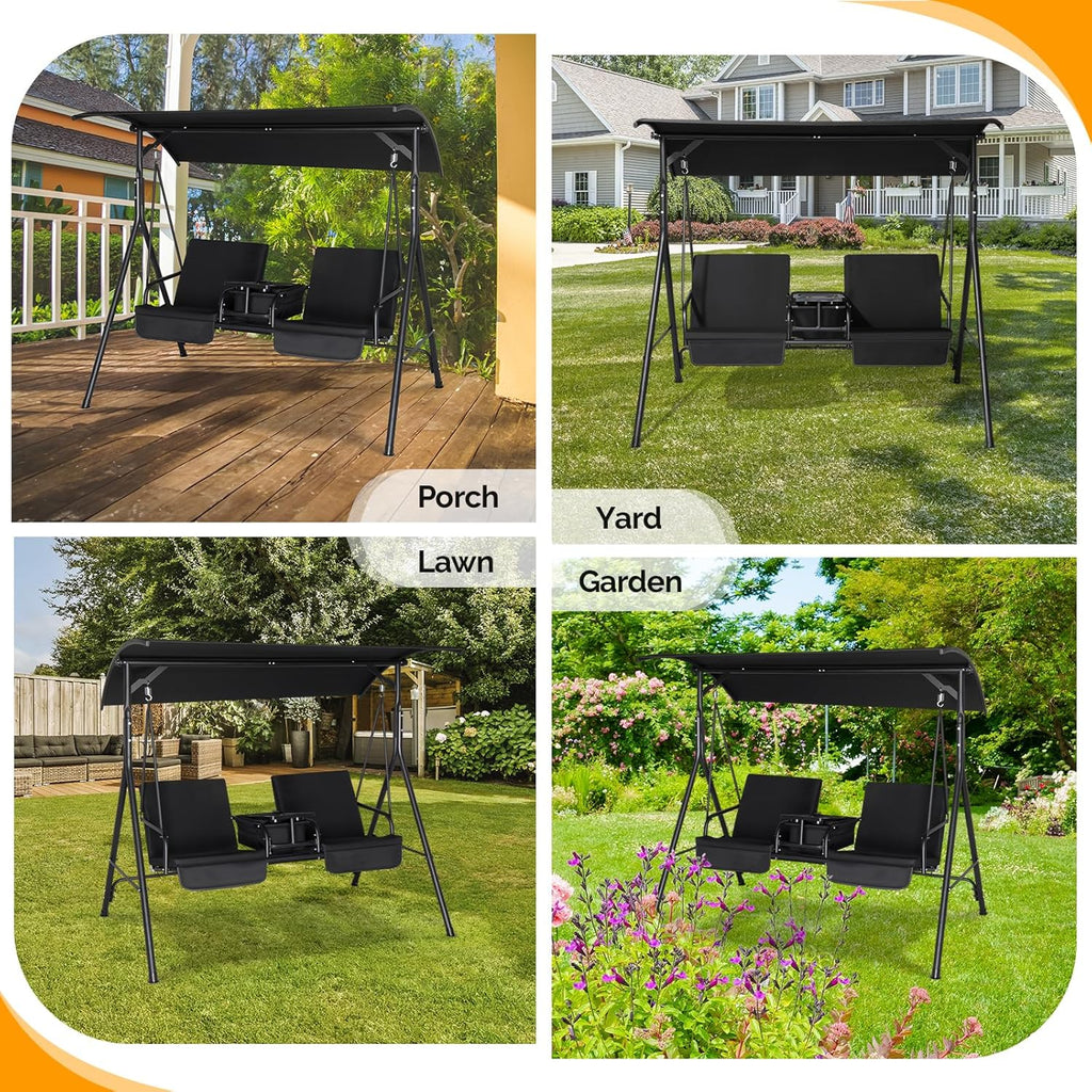 Black Heavy Duty Outdoor Porch Swing with Canopy and Cushions T70444