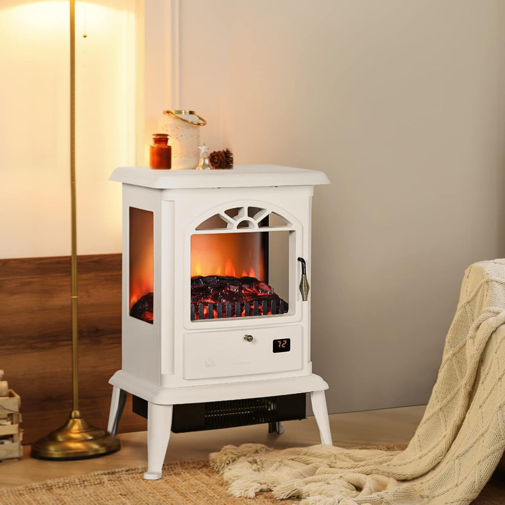 White Electric Infrared Fireplace Stove with Realistic Log Flame R9554