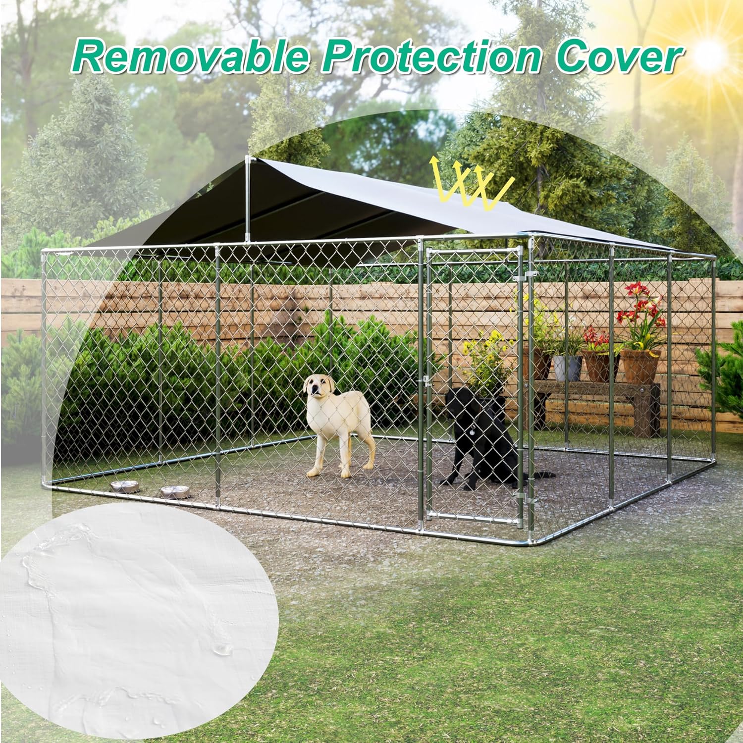 Large Outdoor Dog Kennel with Roof, Chain Link Enclosure, Galvanized Steel, 177.6 x 177.6 x 91.2 Inch I4390