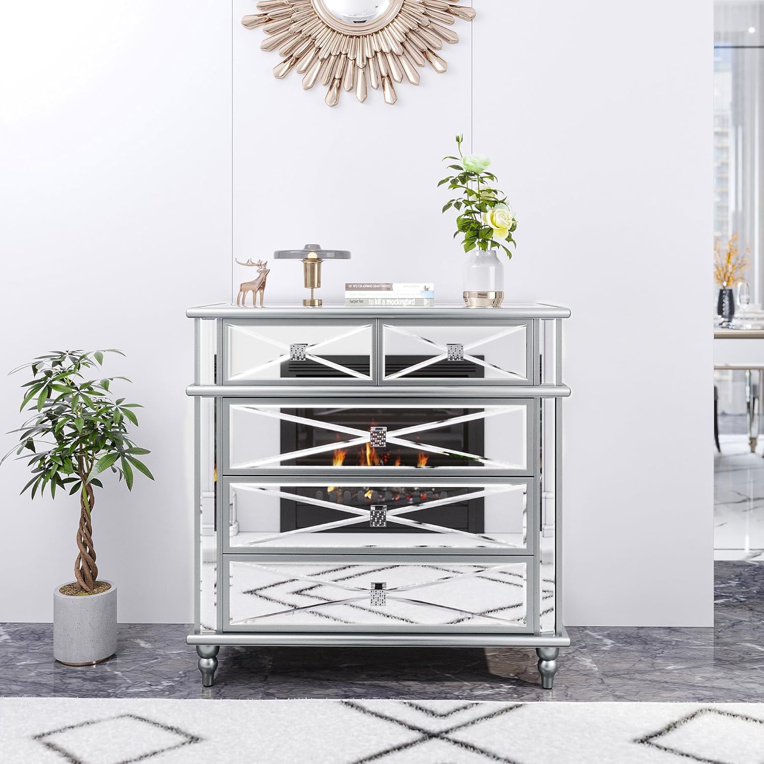 Silver Mirrored 5 Drawer Dresser with Wood Legs B9035