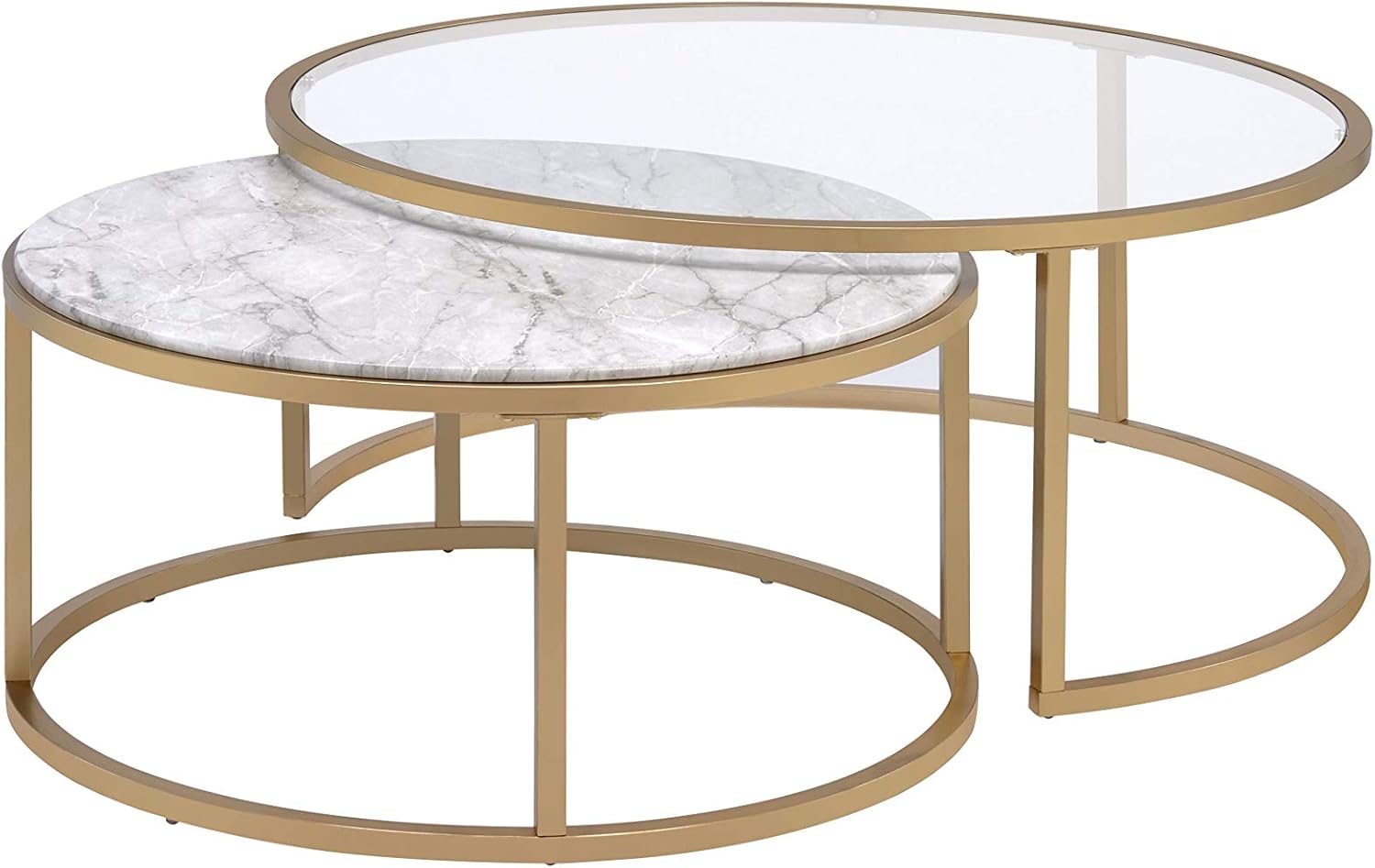Modern Nesting Coffee Table Set of 2, Faux Marble & Clear Glass Top, Metal Frame, Gold Finish Q850911
