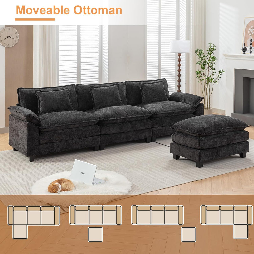 Black Chenille L-Shaped Sectional Sofa with Ottoman B505