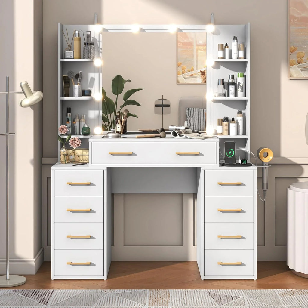 White Vanity Desk with Mirror & LED Lights, Glass Top, 9 Drawers U497