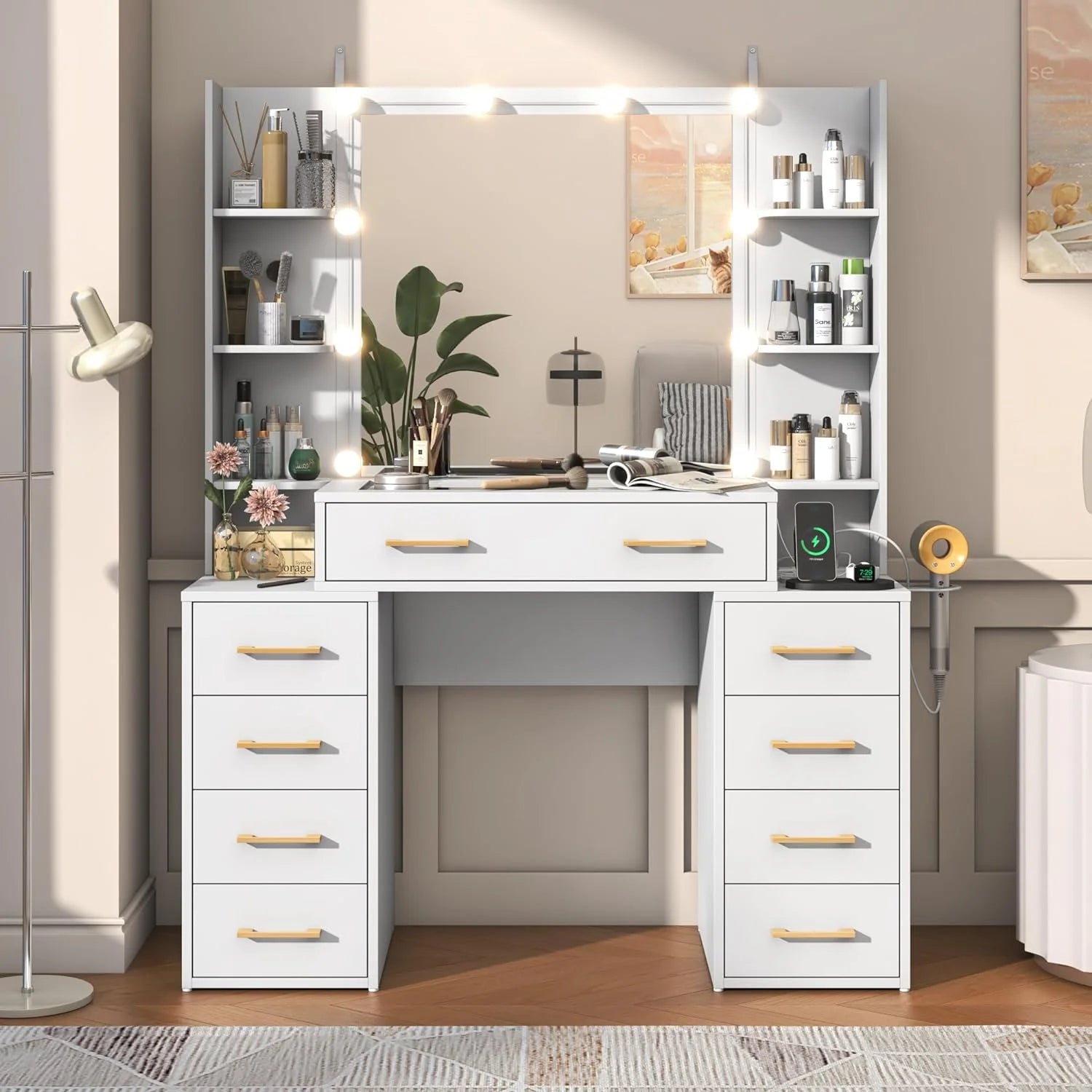 White Vanity Desk with Mirror & LED Lights, Glass Top, 9 Drawers U497