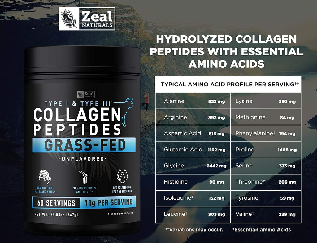 Collagen Peptides Powder (11g | 60 Servings) Grass Fed Bovine Collagen Powder Hydrolyzed Q3720