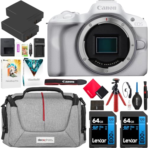 White Mirrorless Camera with RF-S 18-45mm Lens, 64GB Memory Cards, Battery, Bag O103