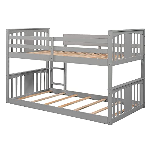 Gray Solid Wood Twin over Twin Bunk Bed with Ladder and Guard Rail Z24335