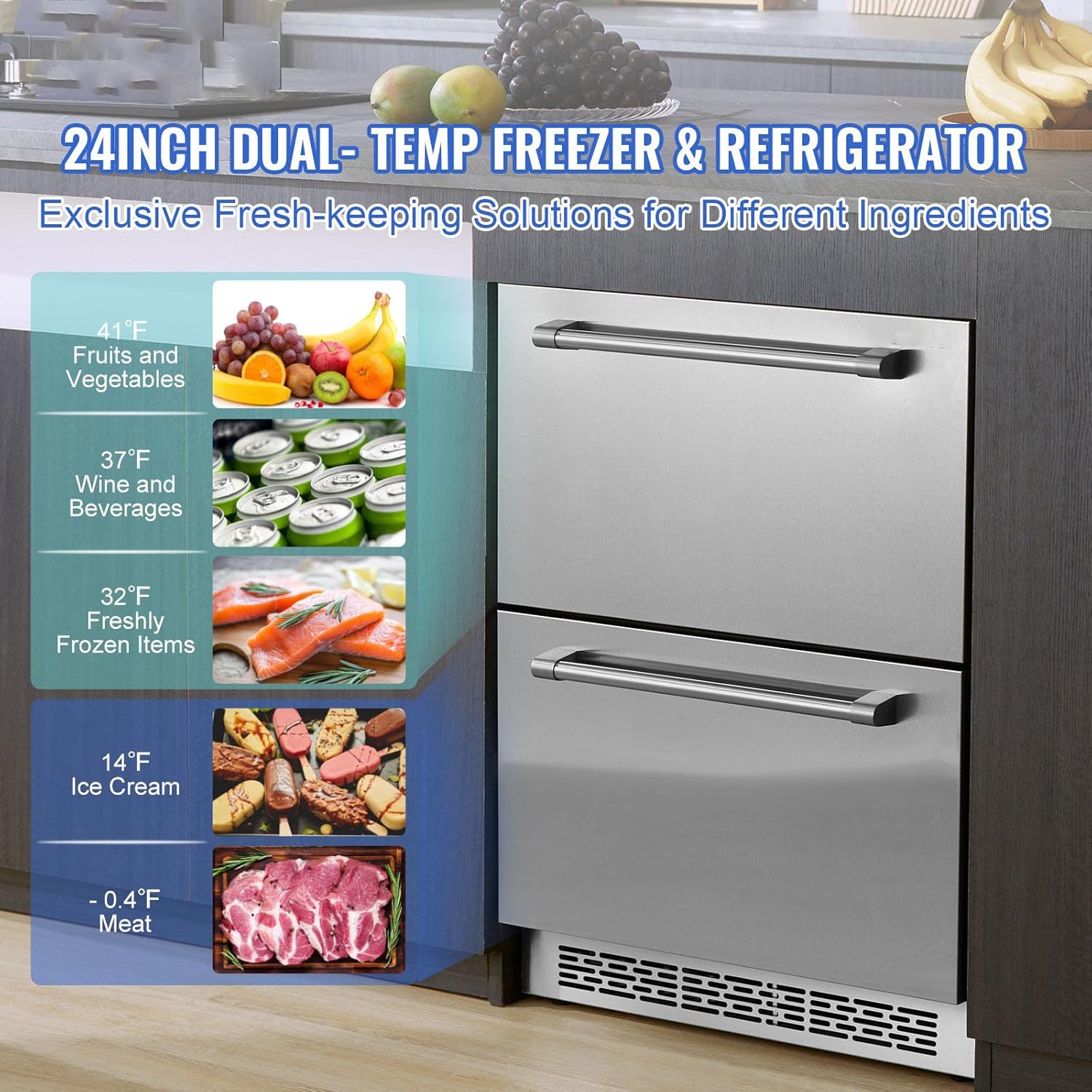 24 inch Undercounter Refrigerator, 2 Drawer, 4.87 Cu.ft. Capacity, silver J866