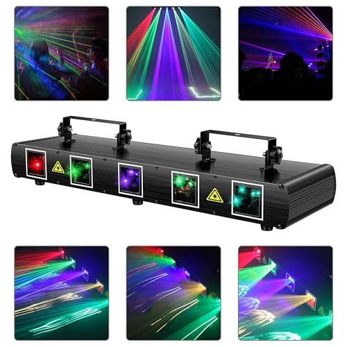 5 Beam Sound Activated DJ Party Lights RGBYC LED Music Projector with Remote Control DMX Q285