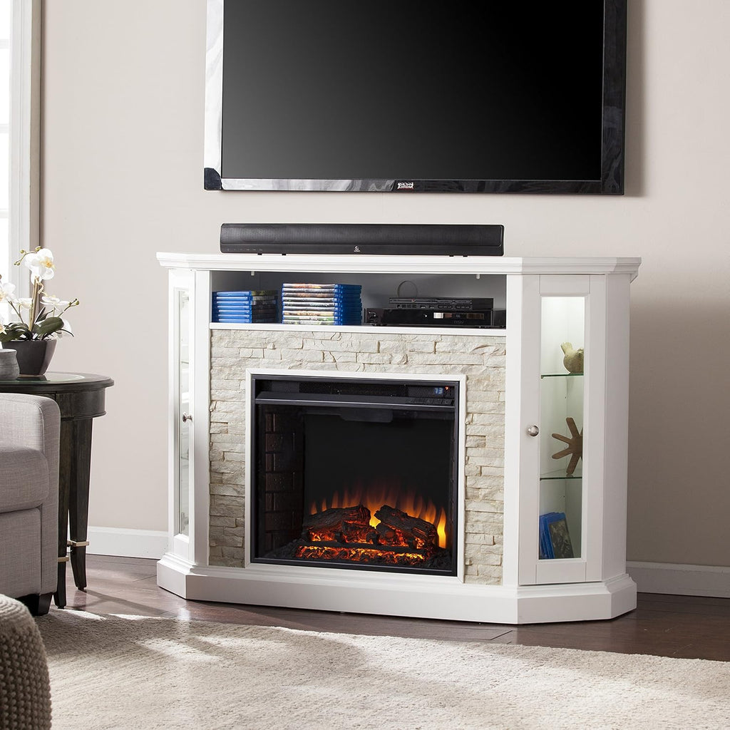 Fresh White Faux Stone Electric Media Storage Corner Fireplace N8692