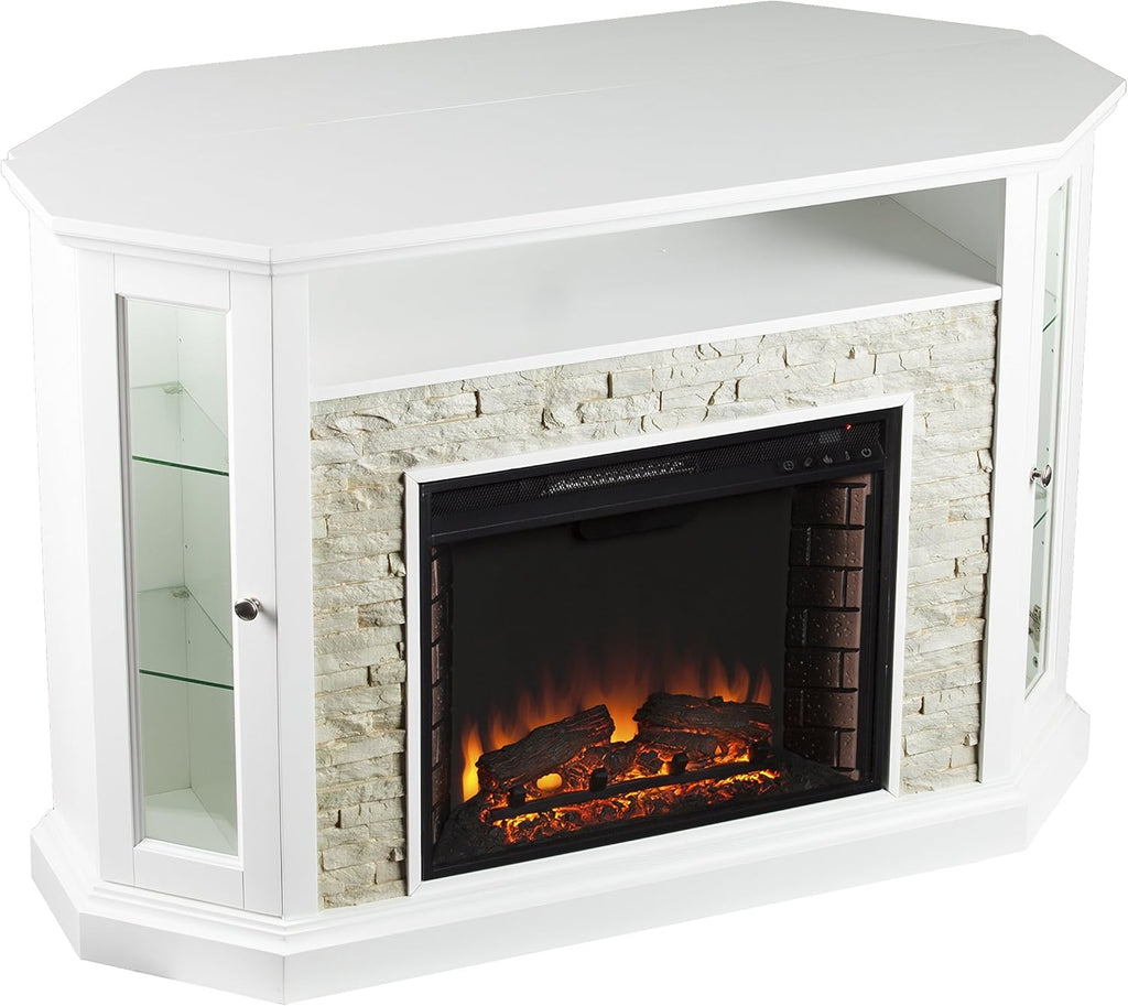 Fresh White Faux Stone Electric Media Storage Corner Fireplace N8692